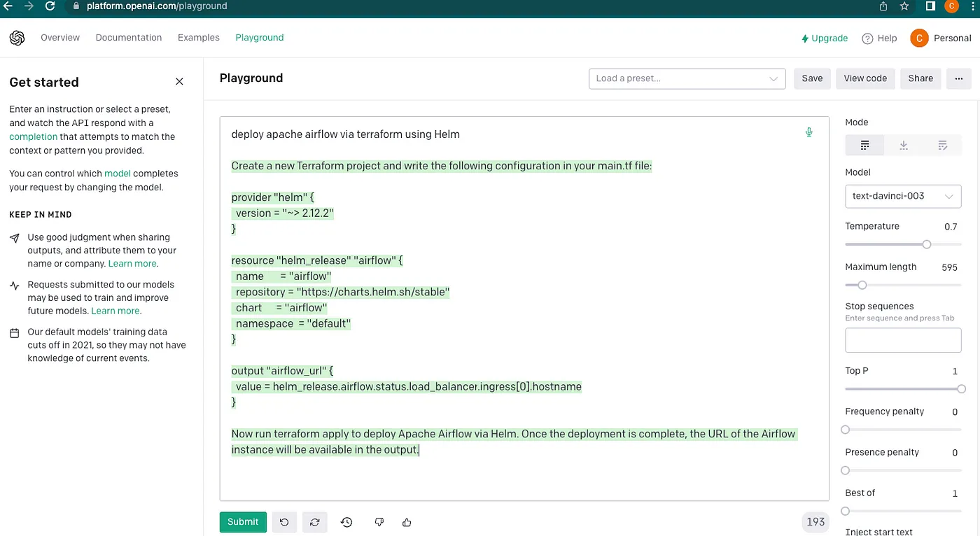OpenAI’s Platform Playground tool generating Terraform Code for Apache 
Airflow deployment via Helm.