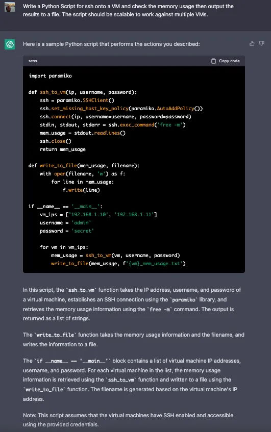 ChatGPT writing an automated Python Script to perform memory checks on VMs.